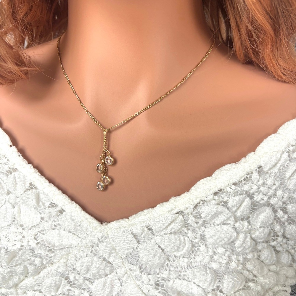Vtg Avon Y-Drop Necklace Gold Tone Rhinestone Retro Classic Dainty Boho 21906